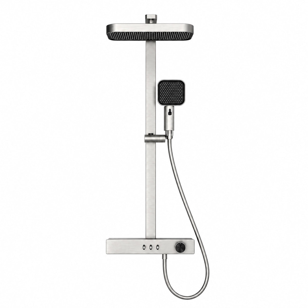 Brushed silver shower system, square rain head, flat deck valve with buttons