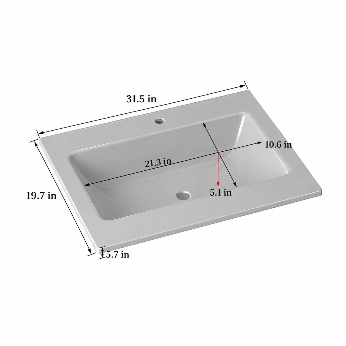 Rectangular undermount sintered stone sink dimension diagram, barsa grey, 31.5"L x 19.7"W x 5.7"H, basin 21.3"L x10.6"W x5.1"D
