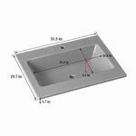 Rectangular undermount sintered stone sink dimension diagram, platinum grey, 31.5"L x 19.7"W x 5.7"H, basin 21.3"L x10.6"W x5.1"D