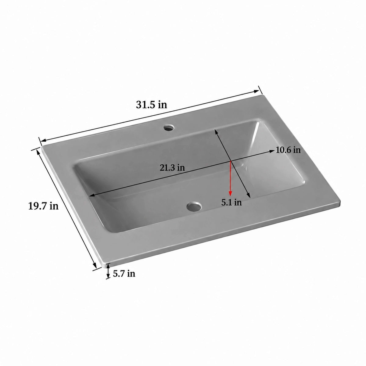 Rectangular undermount sintered stone sink dimension diagram, platinum grey, 31.5"L x 19.7"W x 5.7"H, basin 21.3"L x10.6"W x5.1"D