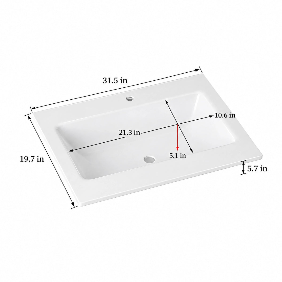 Rectangular undermount sintered stone sink dimension diagram, white,31.5"L x 19.7"W x 5.7"H, basin 21.3"L x10.6"W x5.1"D