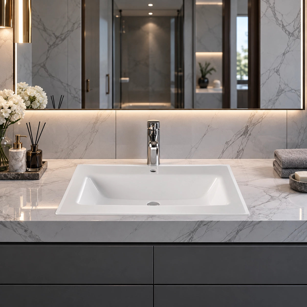 Modern luxury bathroom, white ceramic vanity sink on marble countertop