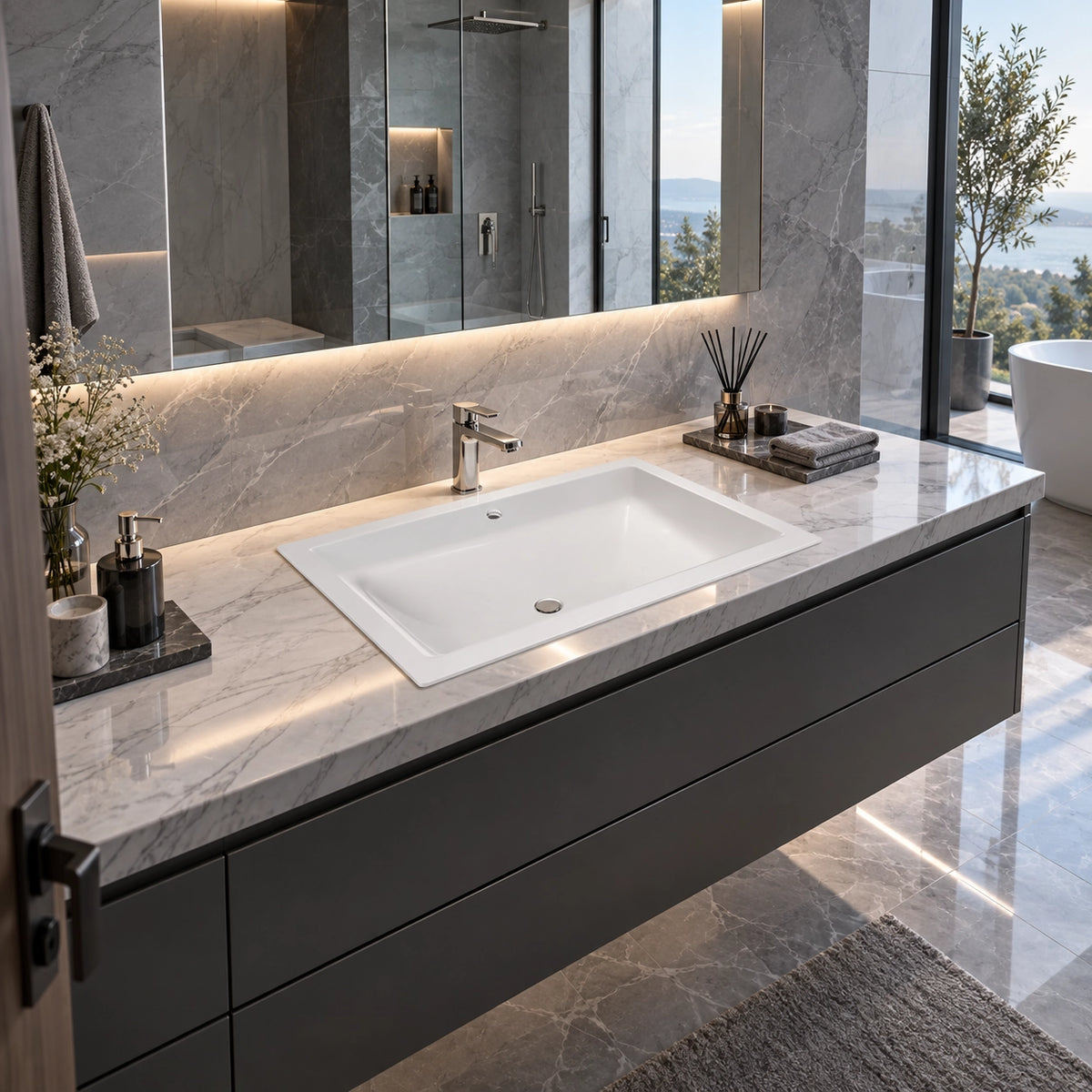Modern bathroom interior, white ceramic drop-in vanity sink on marble countertop