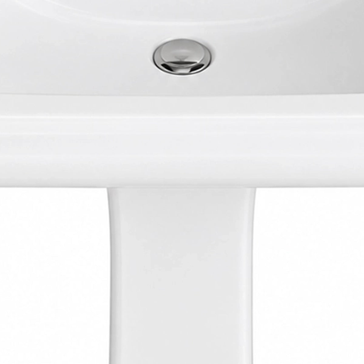 Extreme close-up of polished silver sink drain on glossy white ceramic pedestal sink