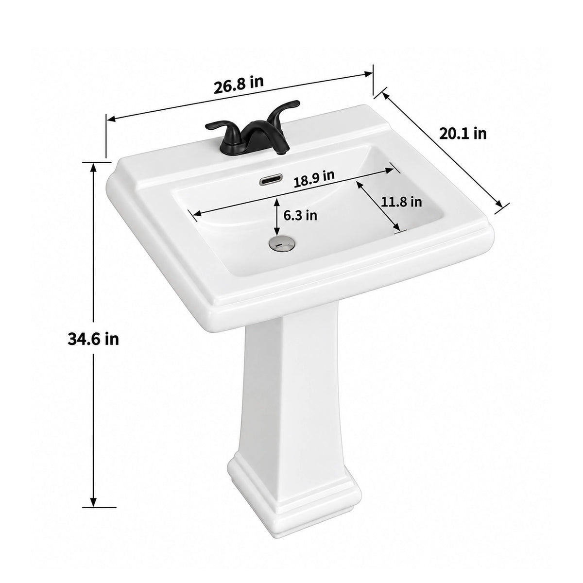 White ceramic pedestal sink dimension diagram, 26.8"L x20.1"W x34.6"H, basin 18.9"L x11.8"W x6.3"D