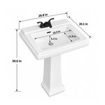 White ceramic pedestal sink dimension diagram, 26.8"L x20.1"W x34.6"H, basin 18.9"L x11.8"W x6.3"D
