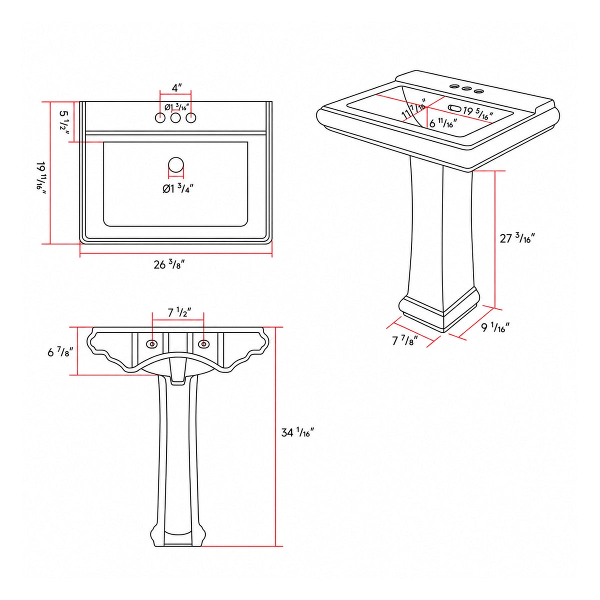Technical line drawing of white ceramic pedestal sink with multi-view fractional inch dimension markings