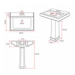 Technical line drawing of white ceramic pedestal sink with multi-view fractional inch dimension markings