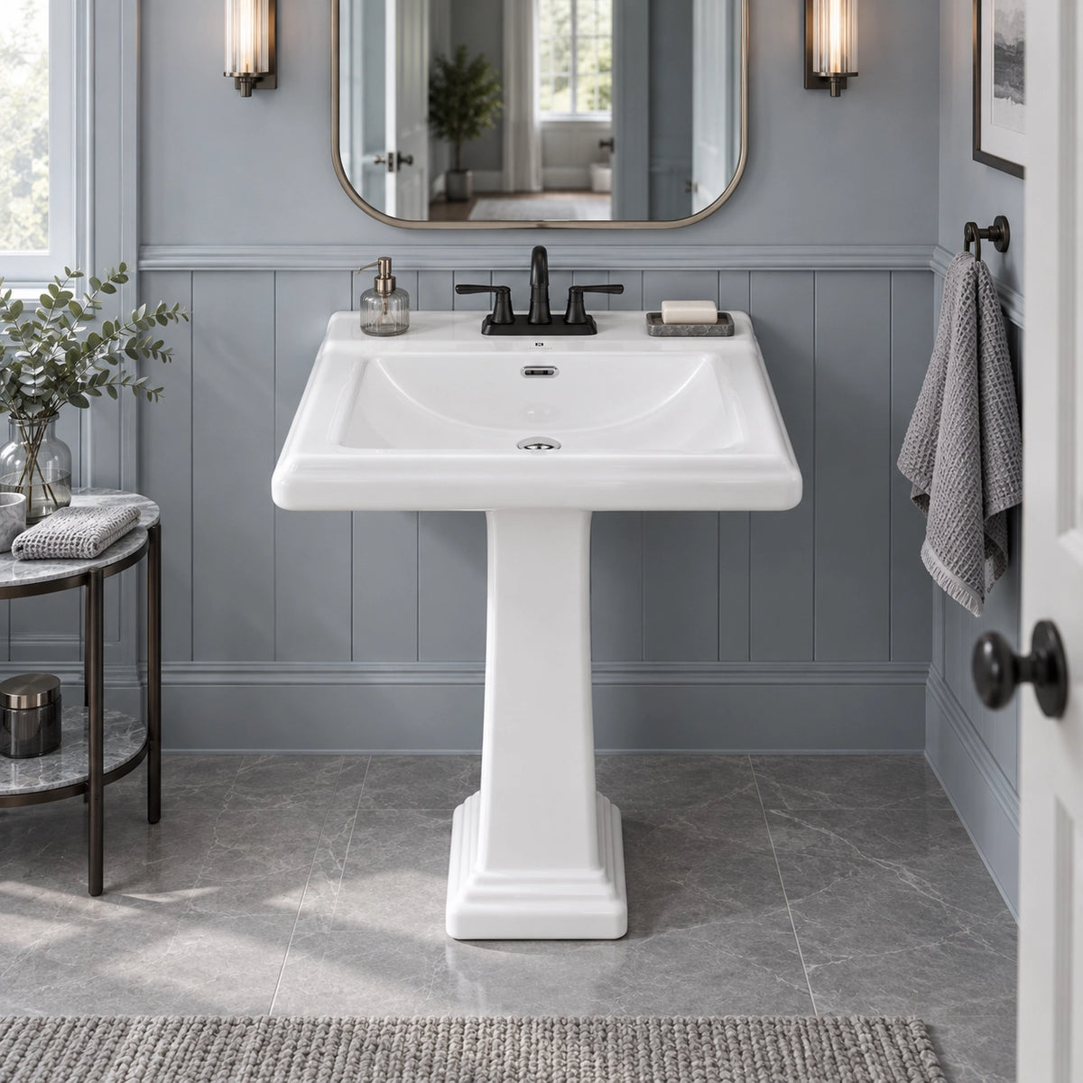 Elegant white ceramic pedestal sink in stylish blue-grey wainscoted bathroom