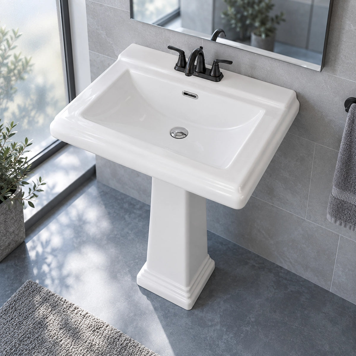 High-angle shot of white ceramic pedestal sink in modern grey tiled bathroom near window