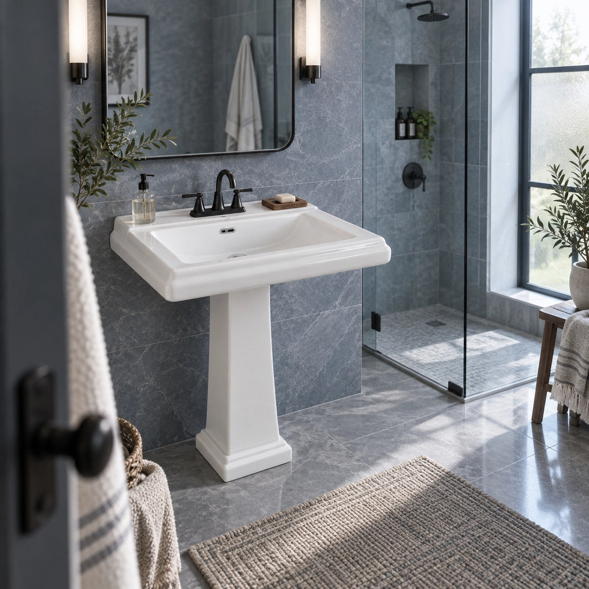 Modern bathroom interior with white ceramic pedestal sink, grey marble tiles and glass shower enclosure