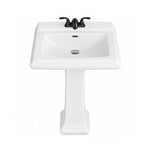 Main product shot of glossy white ceramic pedestal sink with matte black faucet and silver drain, isolated on white background