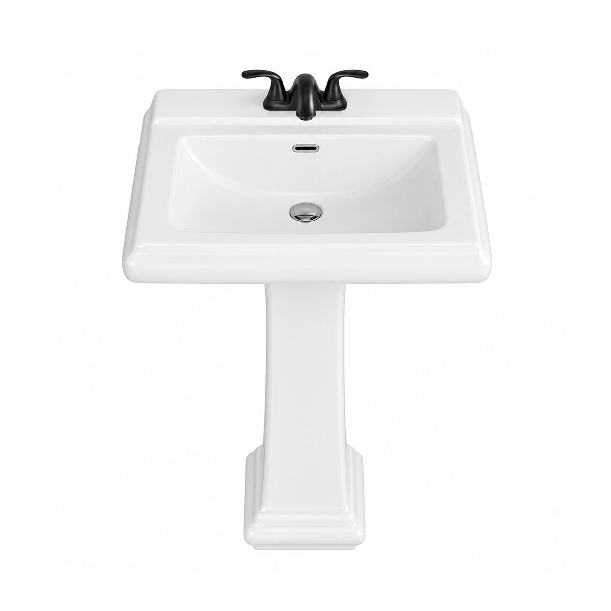 Main product shot of glossy white ceramic pedestal sink with matte black faucet and silver drain, isolated on white background