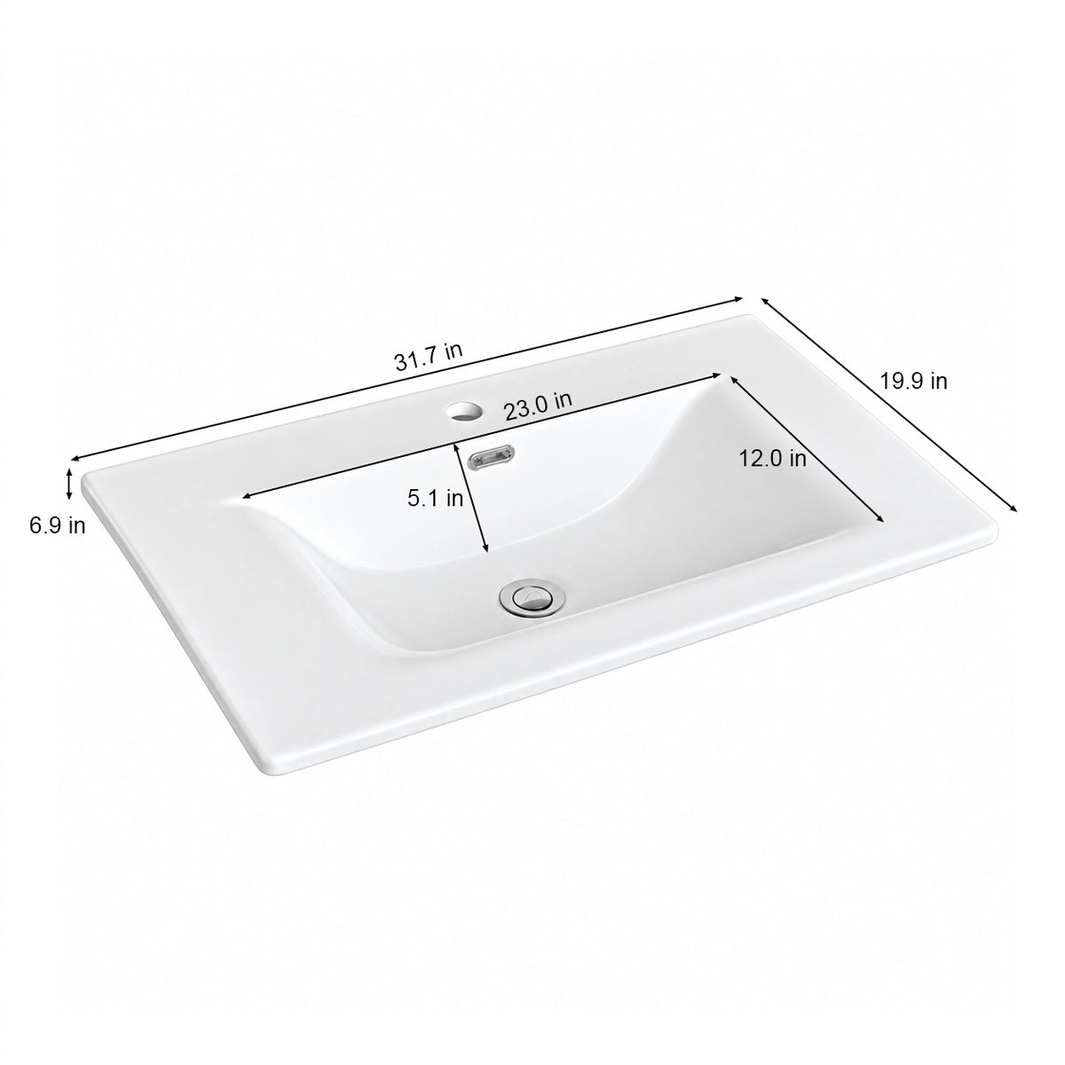 White ceramic vanity sink with dimension markings, 31.7 inch countertop sink