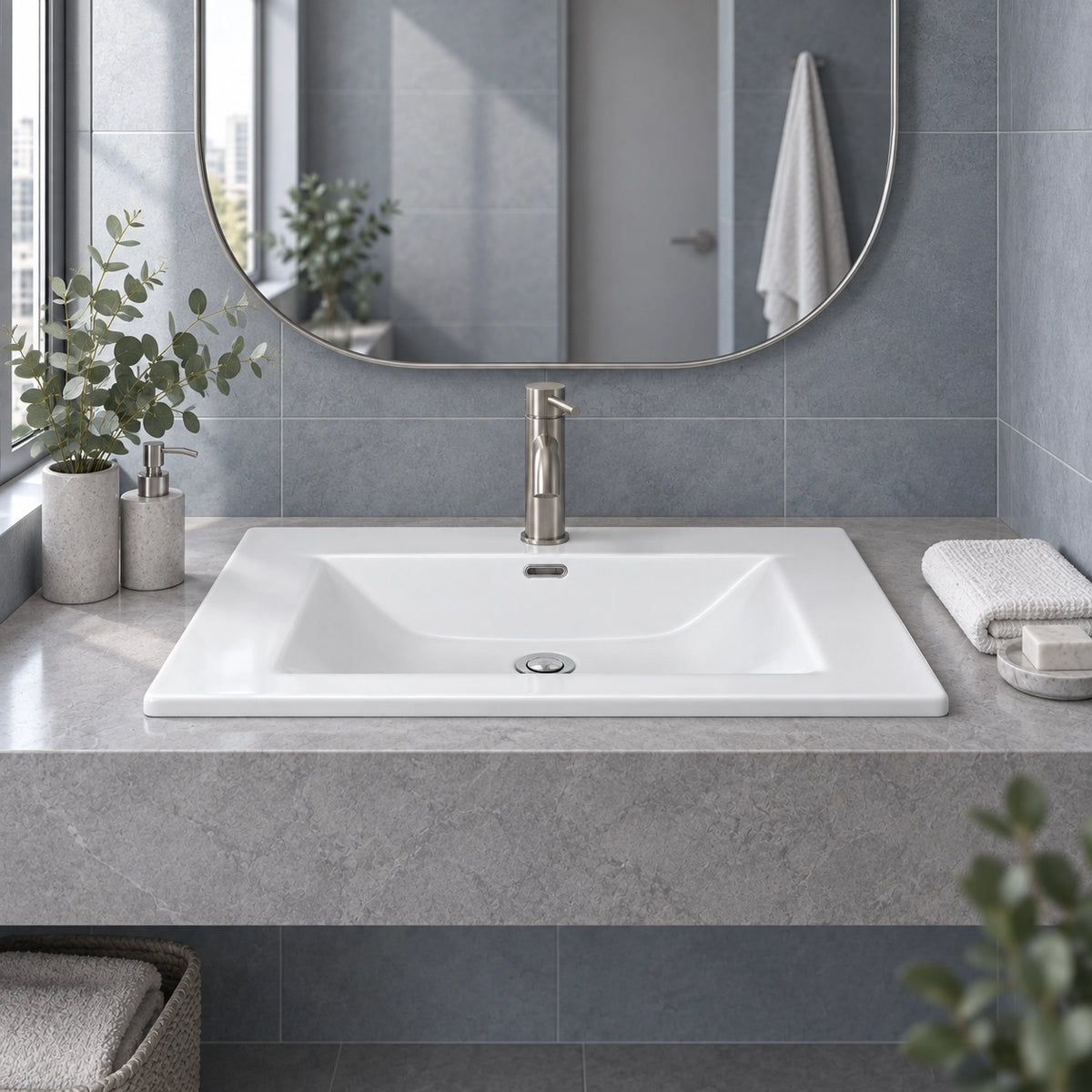 White ceramic undermount bathroom sink, rectangular single basin with overflow and single faucet hole