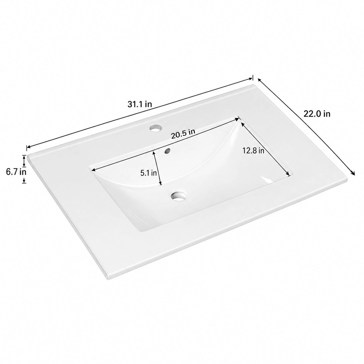White integrated ceramic vanity sink dimension diagram, 31.1"L x22.0"W x6.7"H, basin 20.5"L x12.8"W x5.1"D