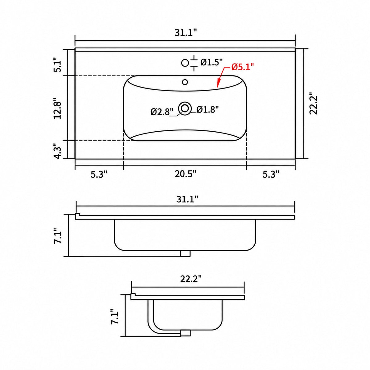 Technical line drawing of integrated vanity sink with inch dimension markings