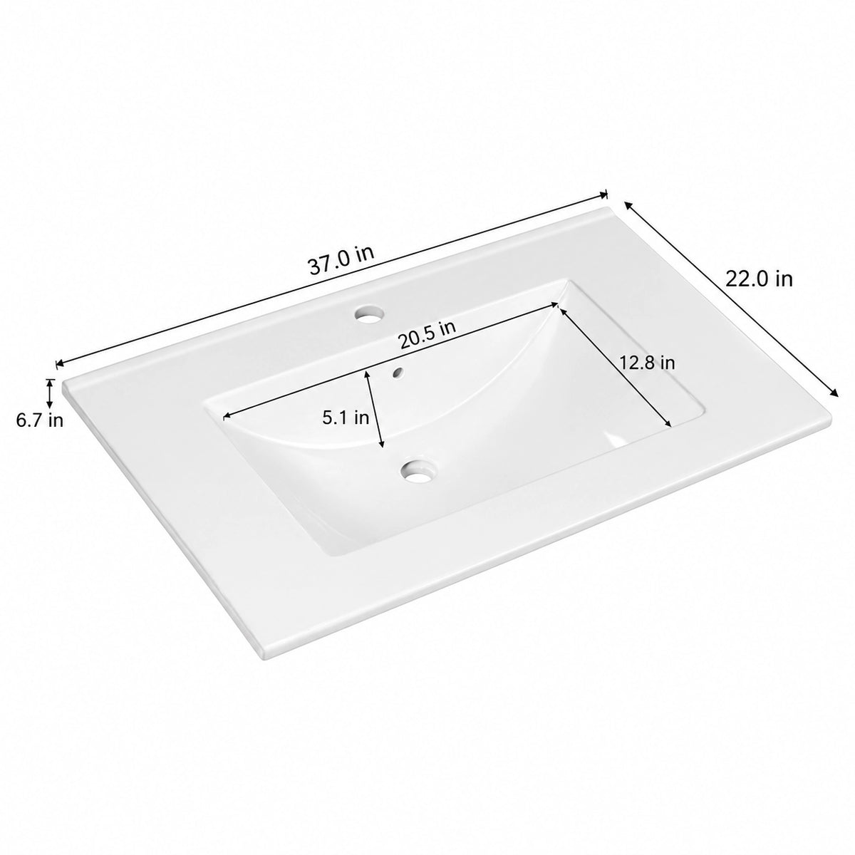 White integrated ceramic vanity sink dimension diagram, 37.0"L x22.0"W x6.7"H, basin 20.5"L x12.8"W x5.1"D