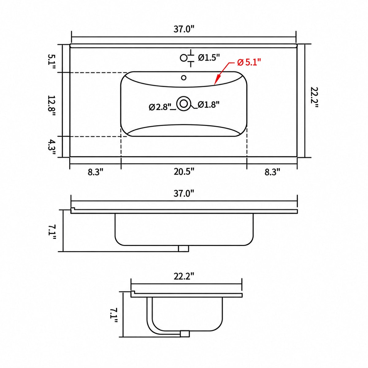Technical line drawing of integrated vanity sink with inch dimension markings