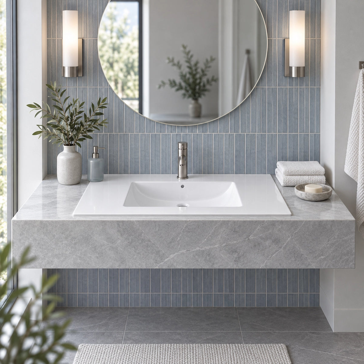 Modern blue-tiled bathroom with white ceramic vanity sink, grey stone countertop, round mirror and wall sconces