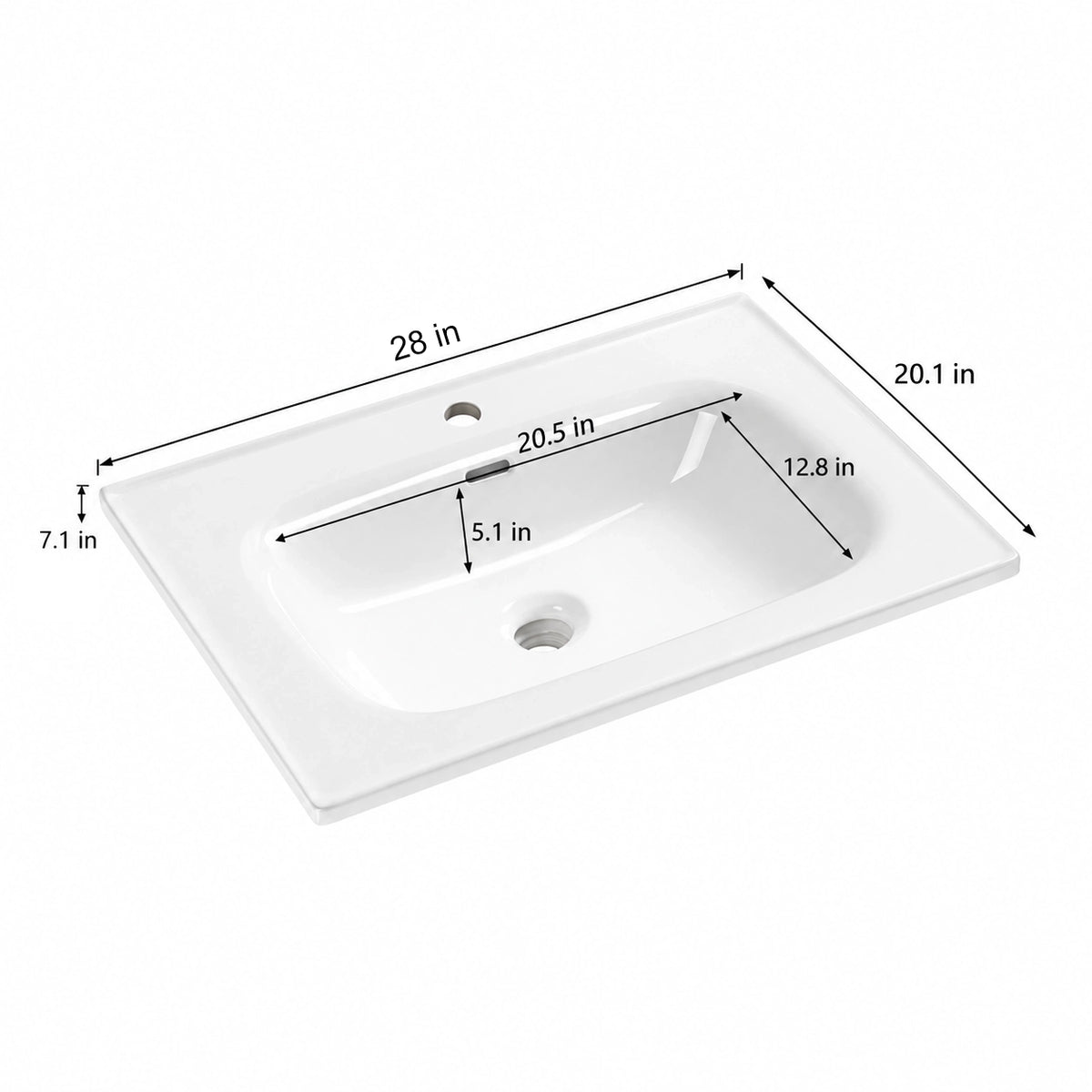 White ceramic oval undermount sink dimension diagram, 28"L x20.1"W x7.1"H, basin 20.5"L x12.8"W x5.1"D