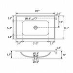 White ceramic oval undermount sink technical dimension drawing, 28"L x20.1"W x7.1"H, basin 21.3"L x14.2"W x5.7"D