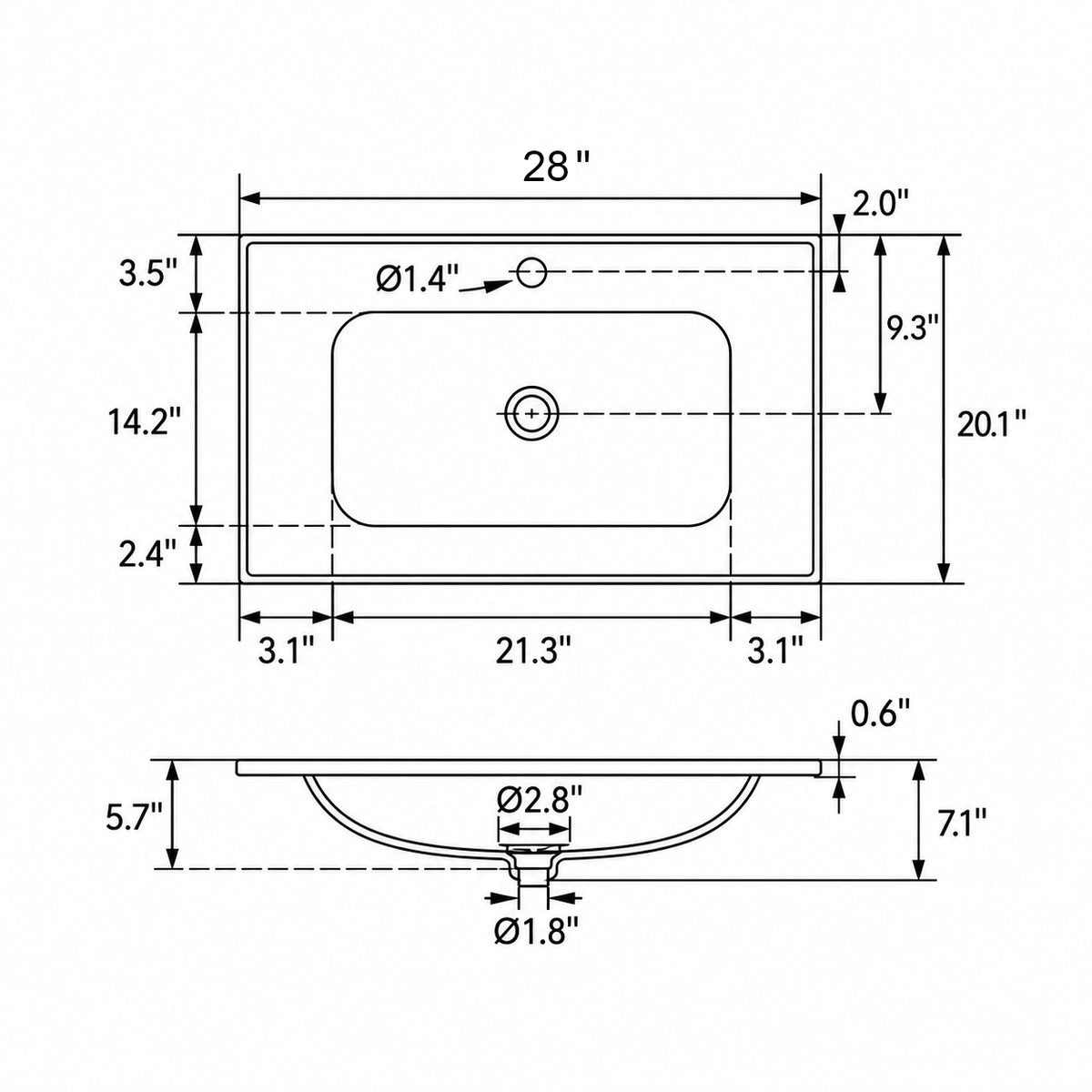 White ceramic oval undermount sink technical dimension drawing, 28"L x20.1"W x7.1"H, basin 21.3"L x14.2"W x5.7"D