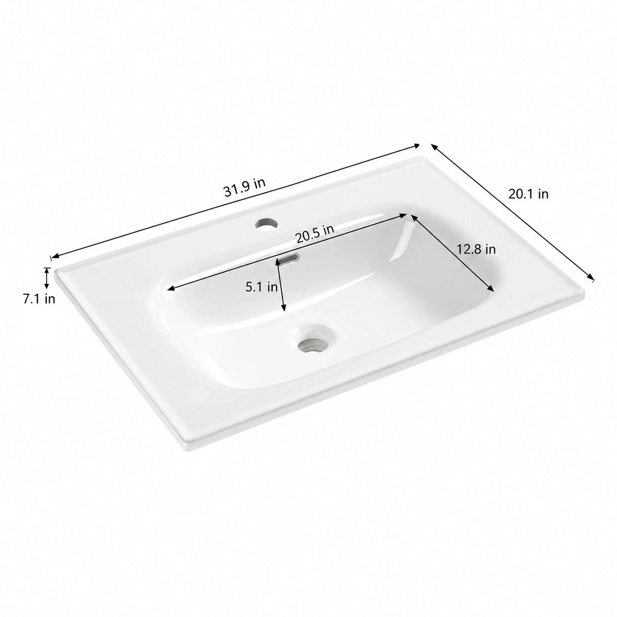 White ceramic oval undermount sink dimension diagram, 31.9"L x20.1"W x7.1"H, basin 23.2"L x14.2"W x5.7"D