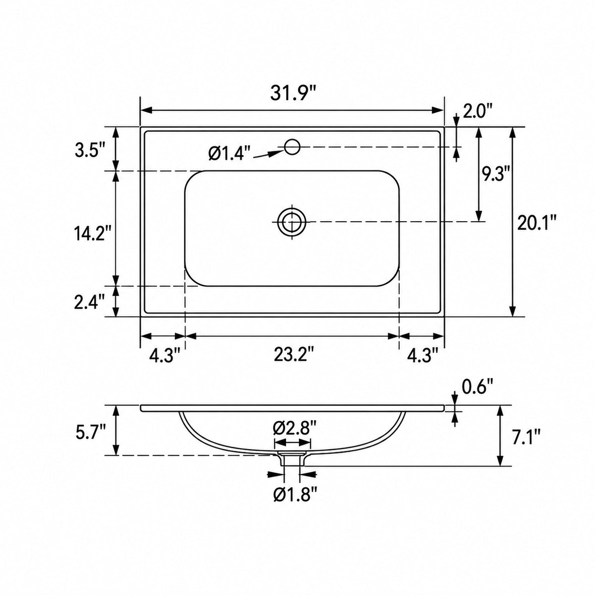 White ceramic oval undermount sink technical dimension drawing, 31.9"L x20.1"W x7.1"H, basin 23.2"L x14.2"W x5.7"D