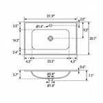 White ceramic oval undermount sink technical dimension drawing, 31.9"L x20.1"W x7.1"H, basin 23.2"L x14.2"W x5.7"D