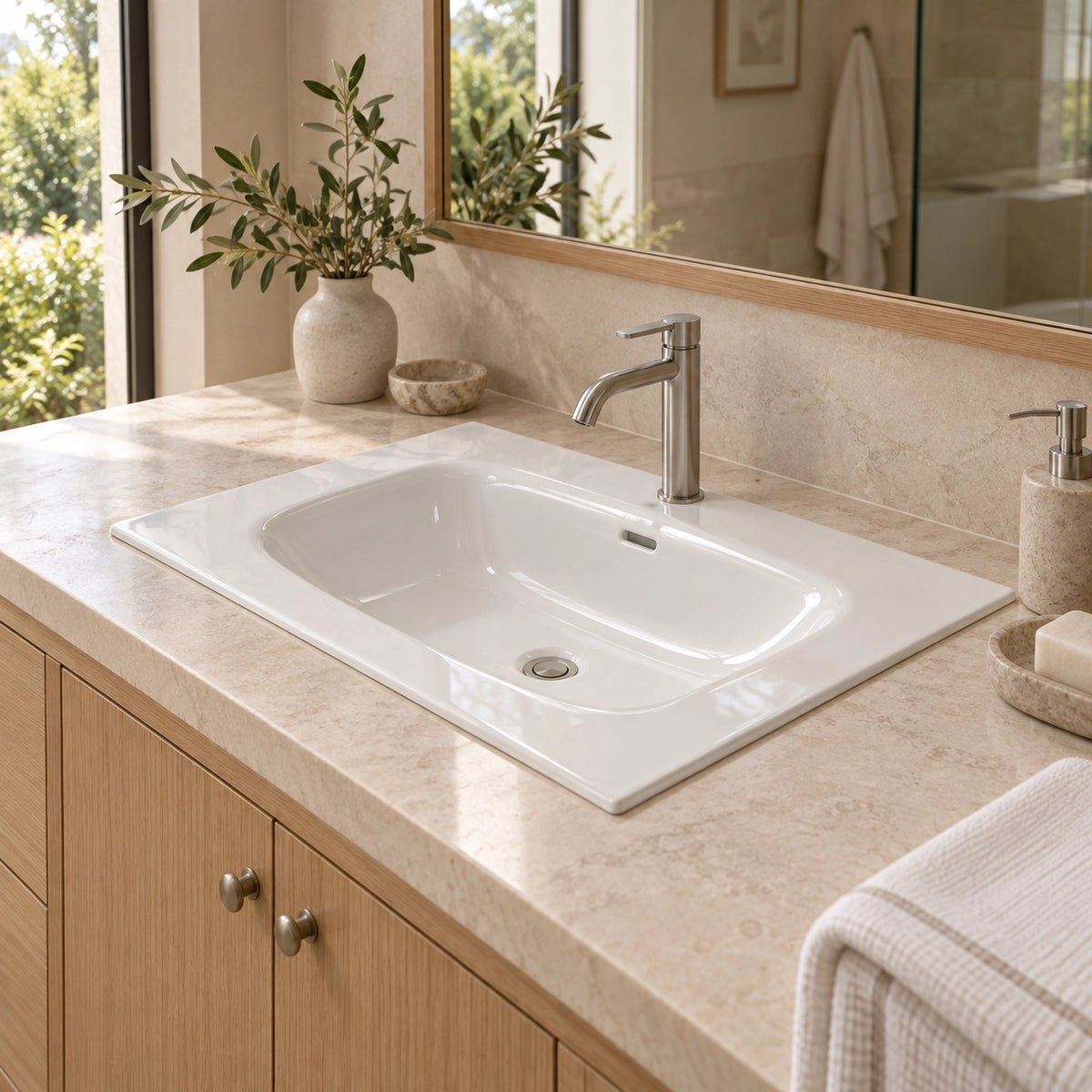White ceramic oval undermount bathroom sink, modern bathroom display scene