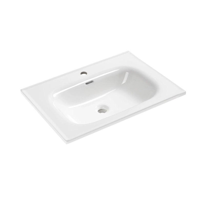White ceramic drop-in bathroom vanity sink, 28 inch, glossy finish with faucet hole and overflow opening