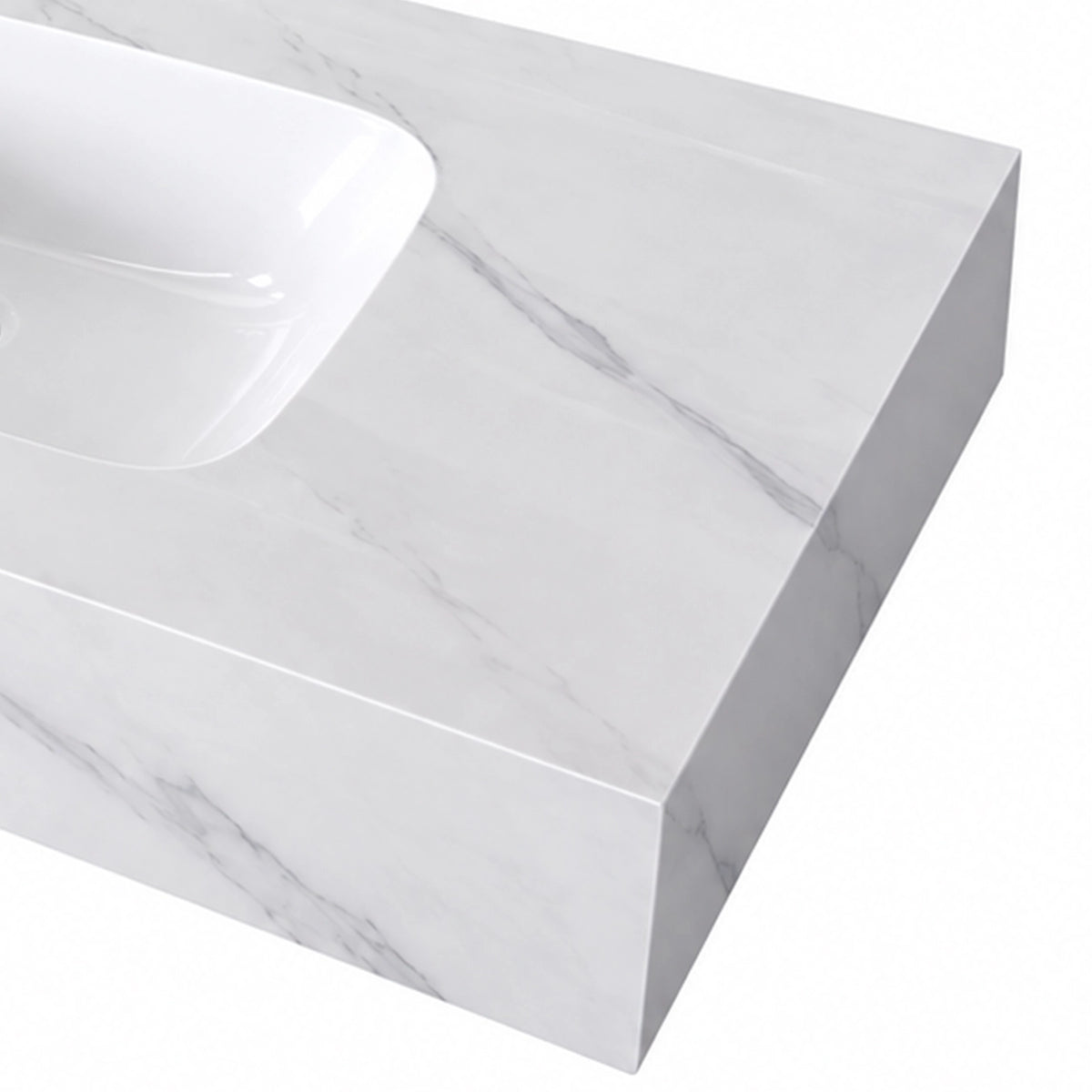 Calacatta White marble countertop edge detail, wall-mount sink surface closeup