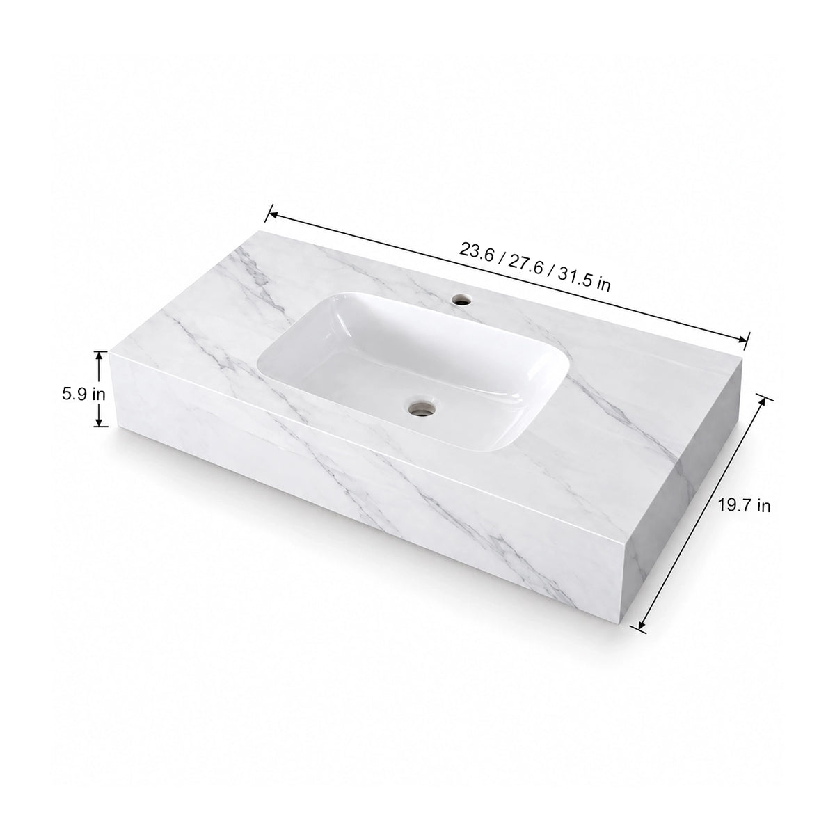 Calacatta White ceramic wall-mount sink dimension diagram, 23.6/27.6/31.5"L x19.7"W x5.9"H, rectangular single basin