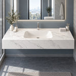 Calacatta White glossy ceramic wall-mount sink in modern bathroom, rectangular single basin