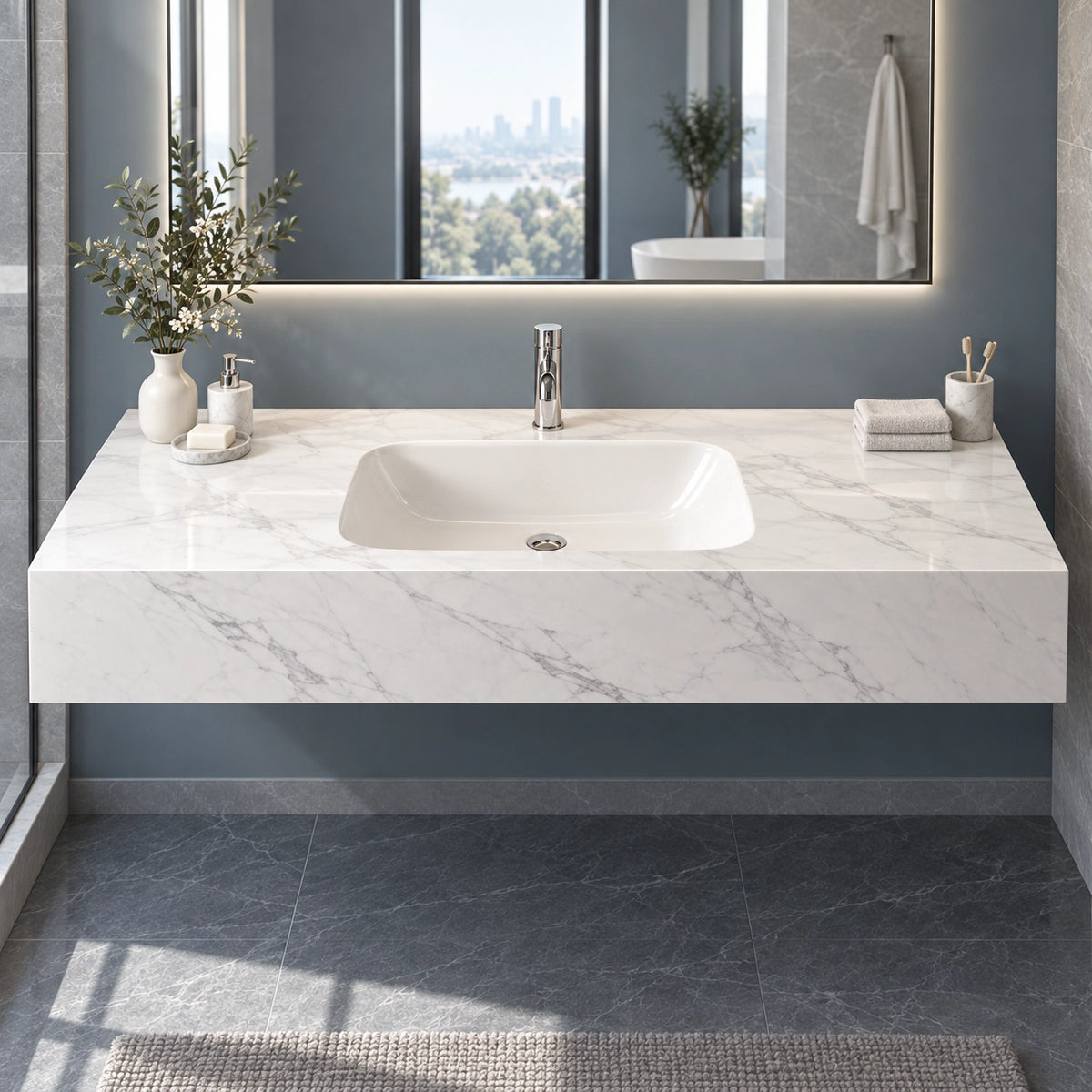 Calacatta White glossy ceramic wall-mount sink in modern bathroom, rectangular single basin