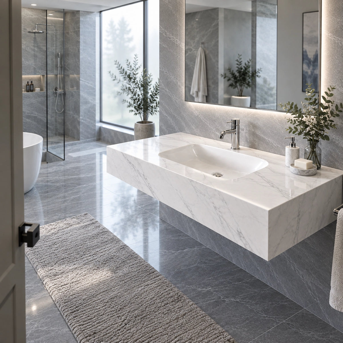 Calacatta White glossy ceramic wall-mount sink in luxury modern bathroom