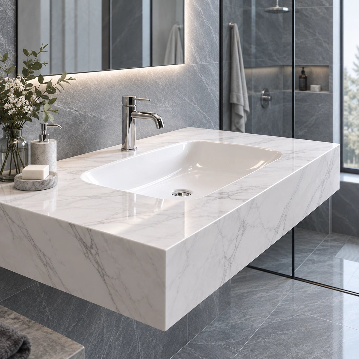Calacatta White glossy ceramic wall-mount sink, modern bathroom closeup