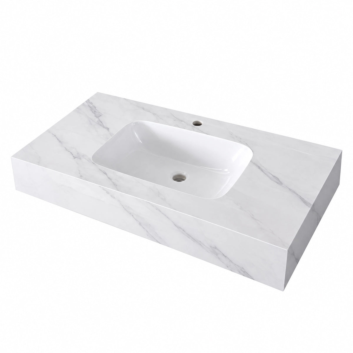 Calacatta White glossy ceramic wall-mount sink, rectangular single basin, white background product shot