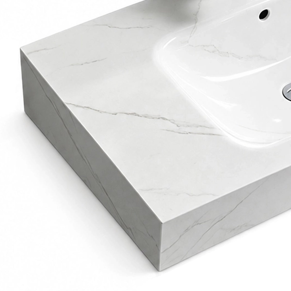 Close-up view of Fish Maw White sintered stone surface and thick edge of wall-mount bathroom sink