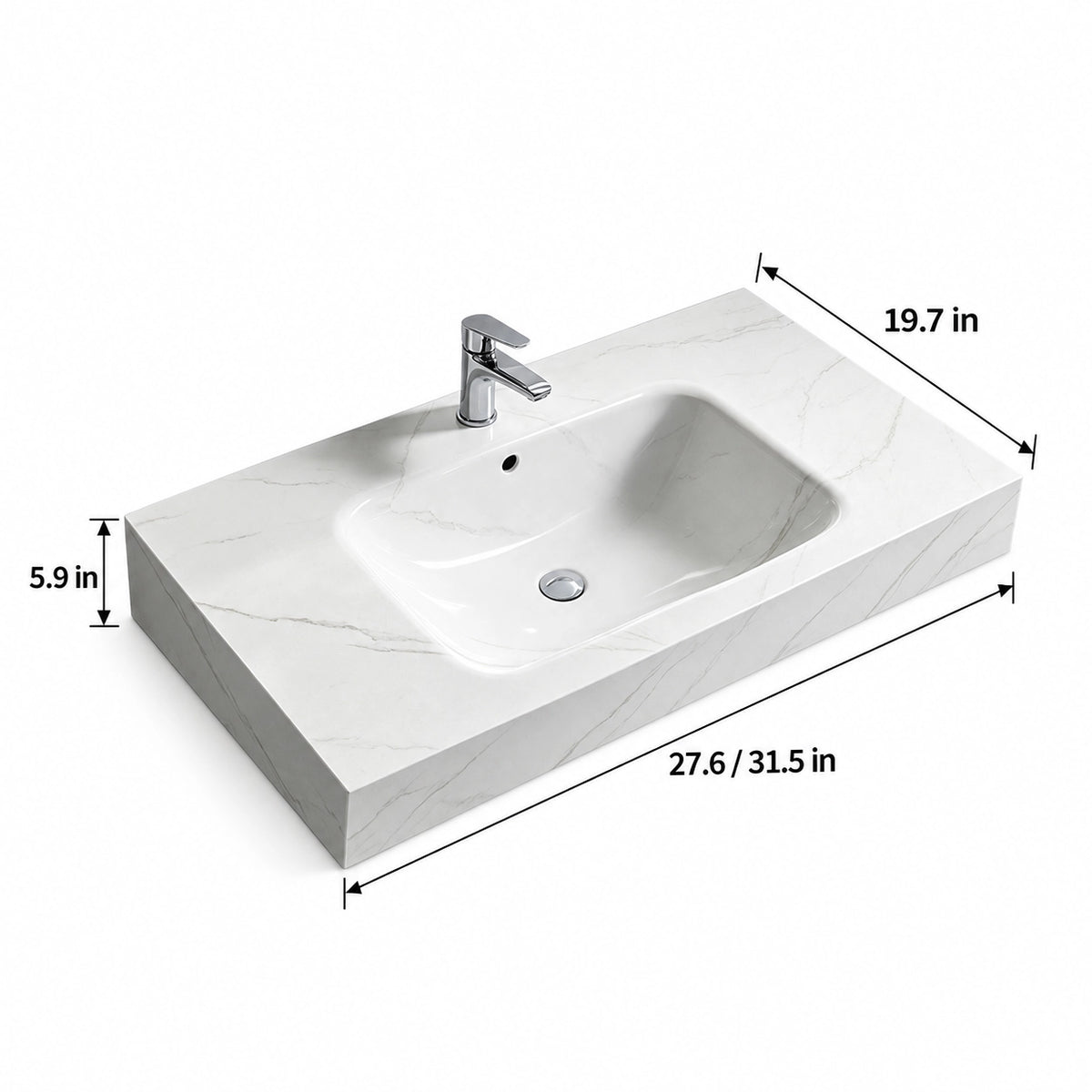 Dimensions diagram for Fish Maw White sintered stone wall-mount sink, 27.6"/31.5" length, 19.7" width, 5.9" height