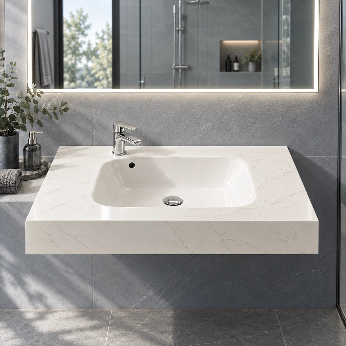 Fish Maw White sintered stone wall-mounted sink in modern bathroom setting
