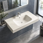 High-angle shot of rectangular sintered stone wall-mount bathroom sink