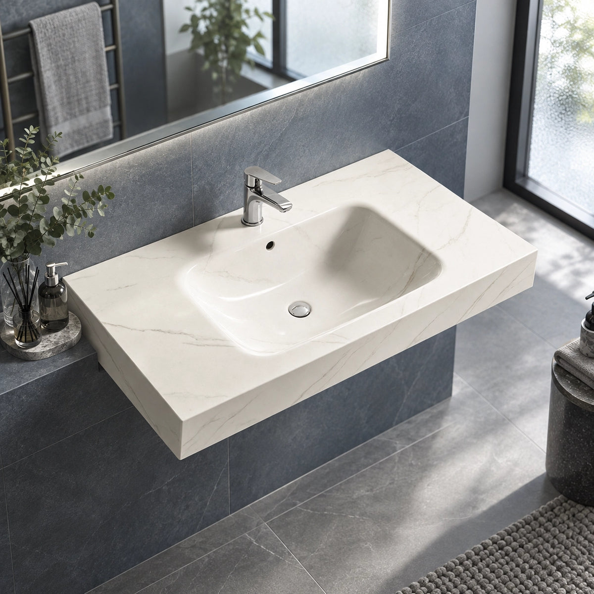High-angle shot of rectangular sintered stone wall-mount bathroom sink