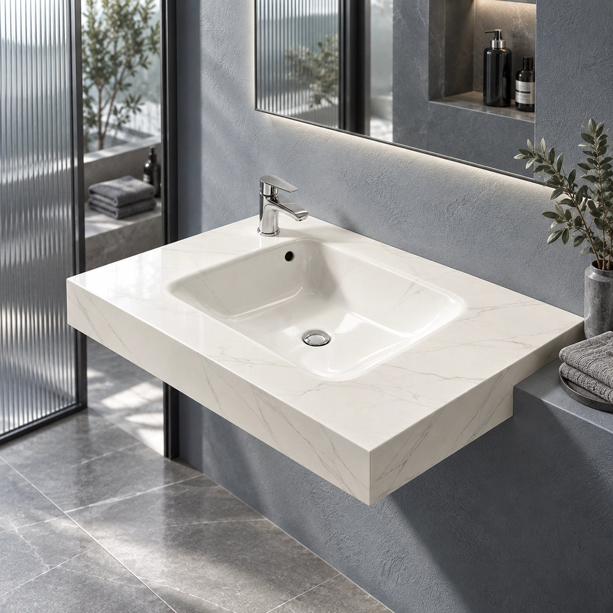 Rectangular Fish Maw White sintered stone wall-mount sink in contemporary bathroom scene