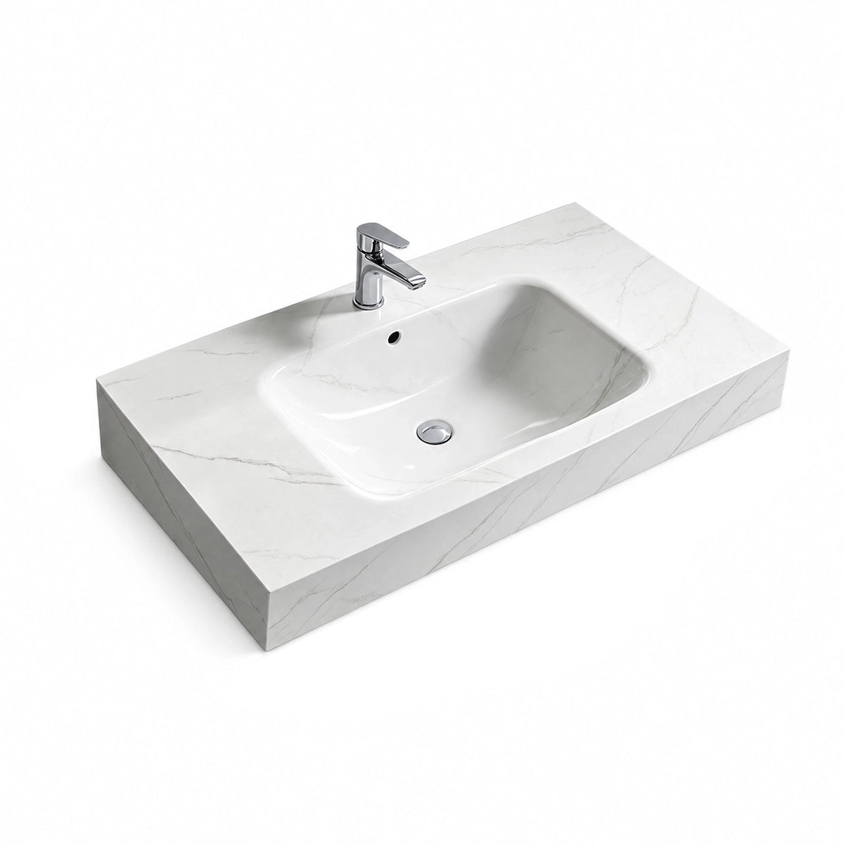 Rectangular sintered stone wall-mount bathroom sink in Fish Maw White, three-quarter view