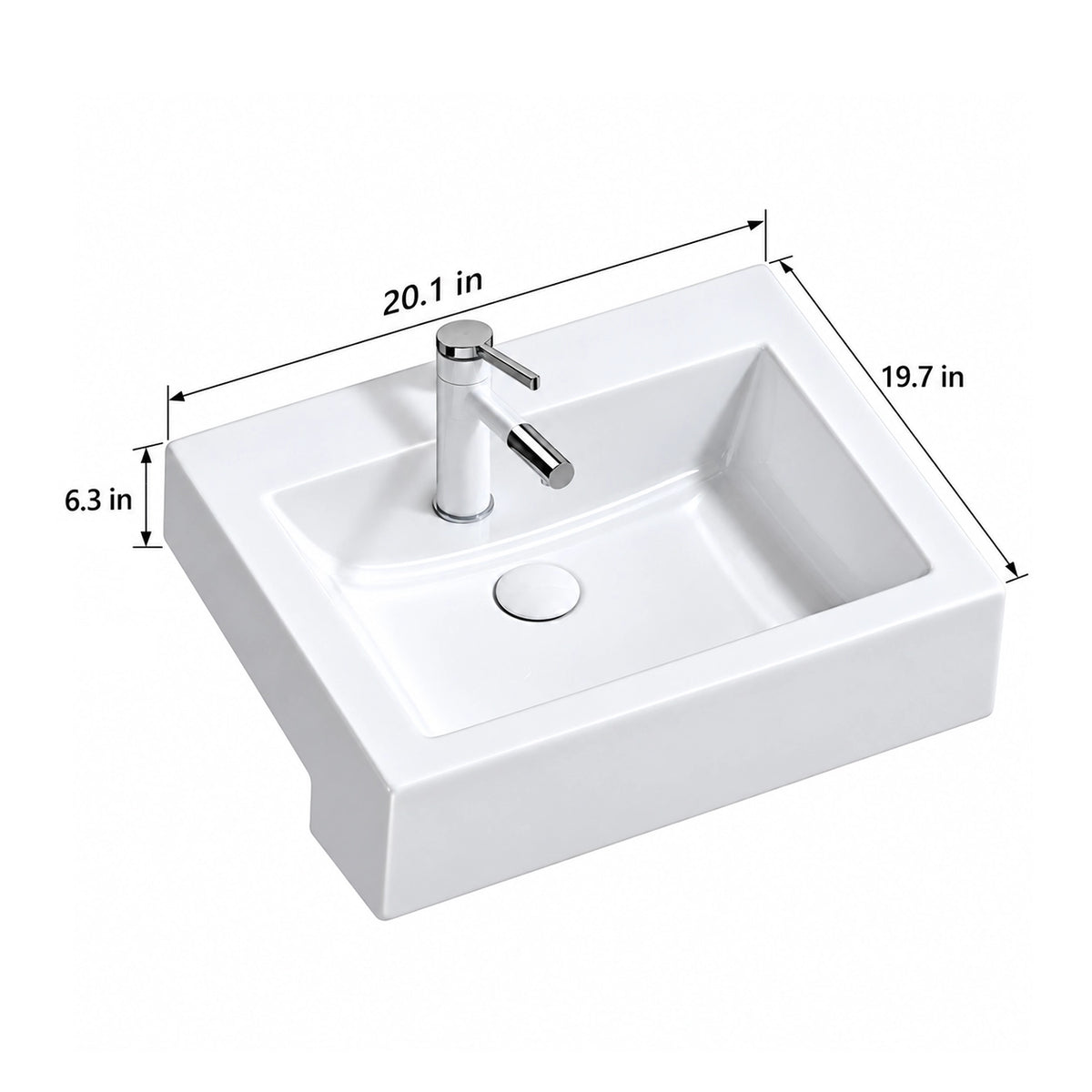 Dimensions diagram of white rectangular ceramic semi-recessed bathroom sink, 20.1" × 19.7" × 6.3"