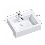 Dimensions diagram of white rectangular ceramic semi-recessed bathroom sink, 20.1" × 19.7" × 6.3"