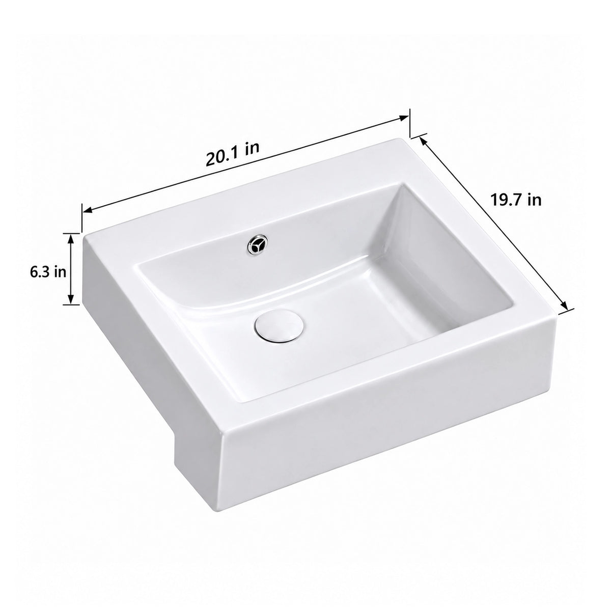 White rectangular ceramic semi-recessed bathroom sink with overall dimensions of 20.1" W × 19.7" D × 6.3" H.
