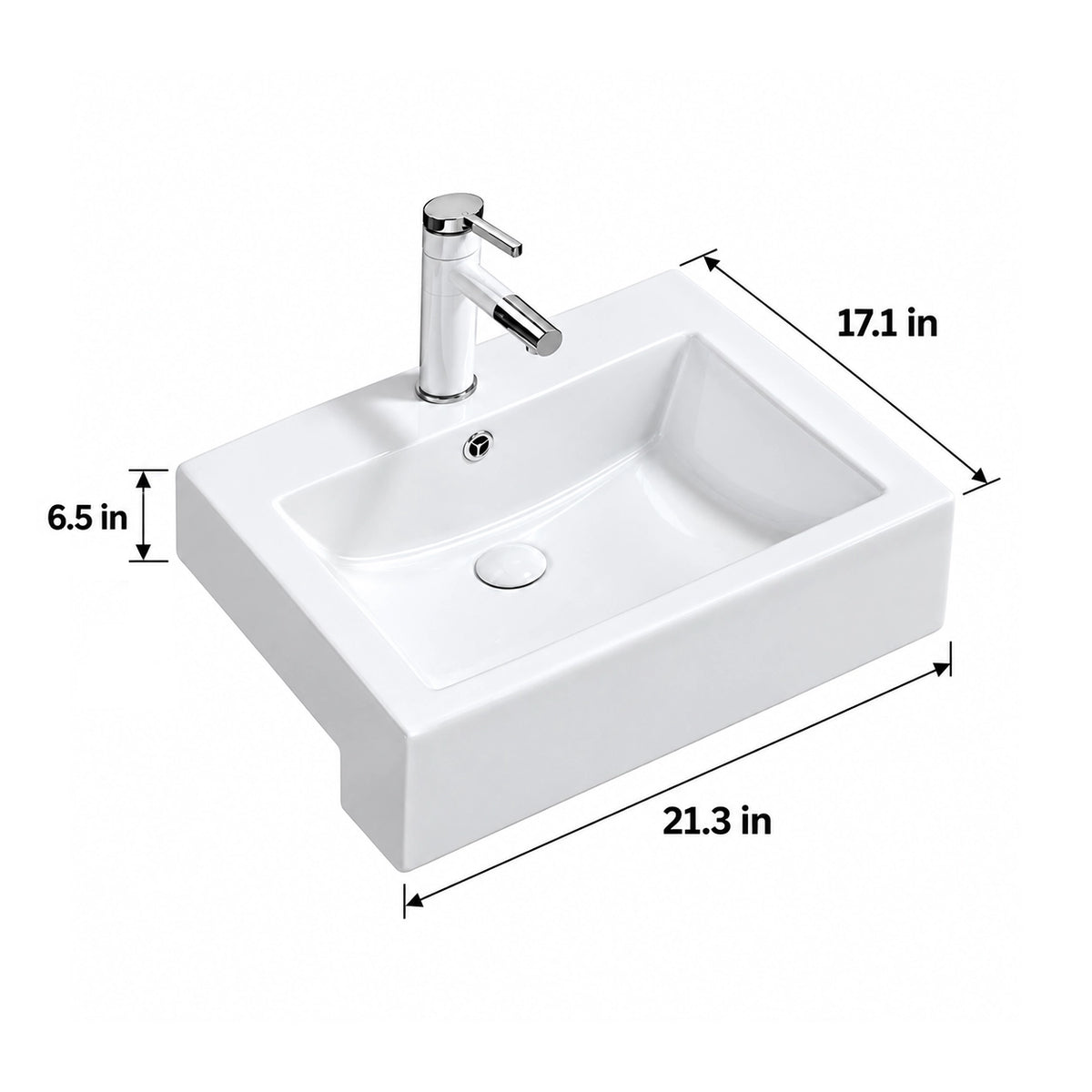Dimensions diagram of white rectangular ceramic semi-recessed bathroom sink, 21.3" × 17.1" × 6.5"